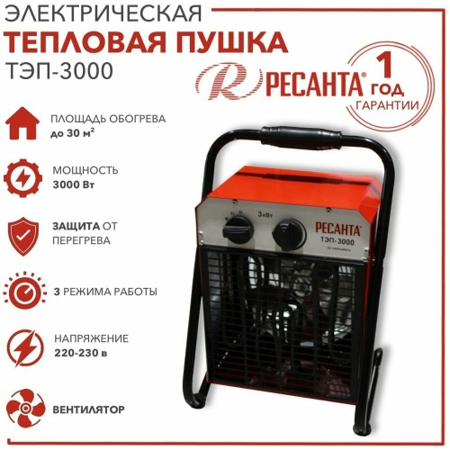 Тепловые пушки Ресанта ТЭП-3000 67/1/2 Тепловая электрическая пушка { квадратная, 220В, вентилятор/1500/3000 Вт, 6,1 кг }